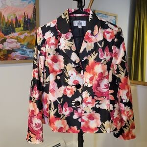 EUC LE SUIT Blazer Jacket Office Wedding Guest Black Pink Floral Women's Size 8